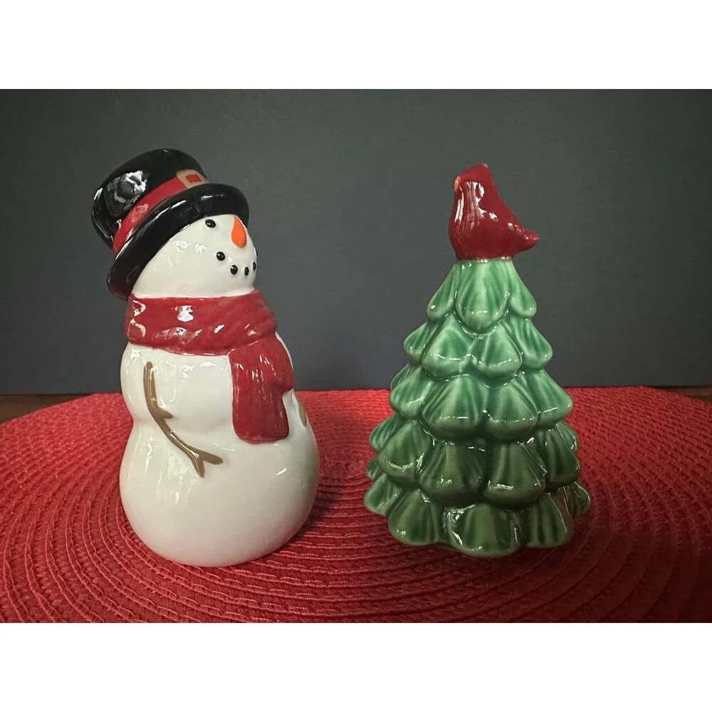 St. Nicholas Square Ceramic Christmas Snowman & Tree Salt Pepper Shaker Set